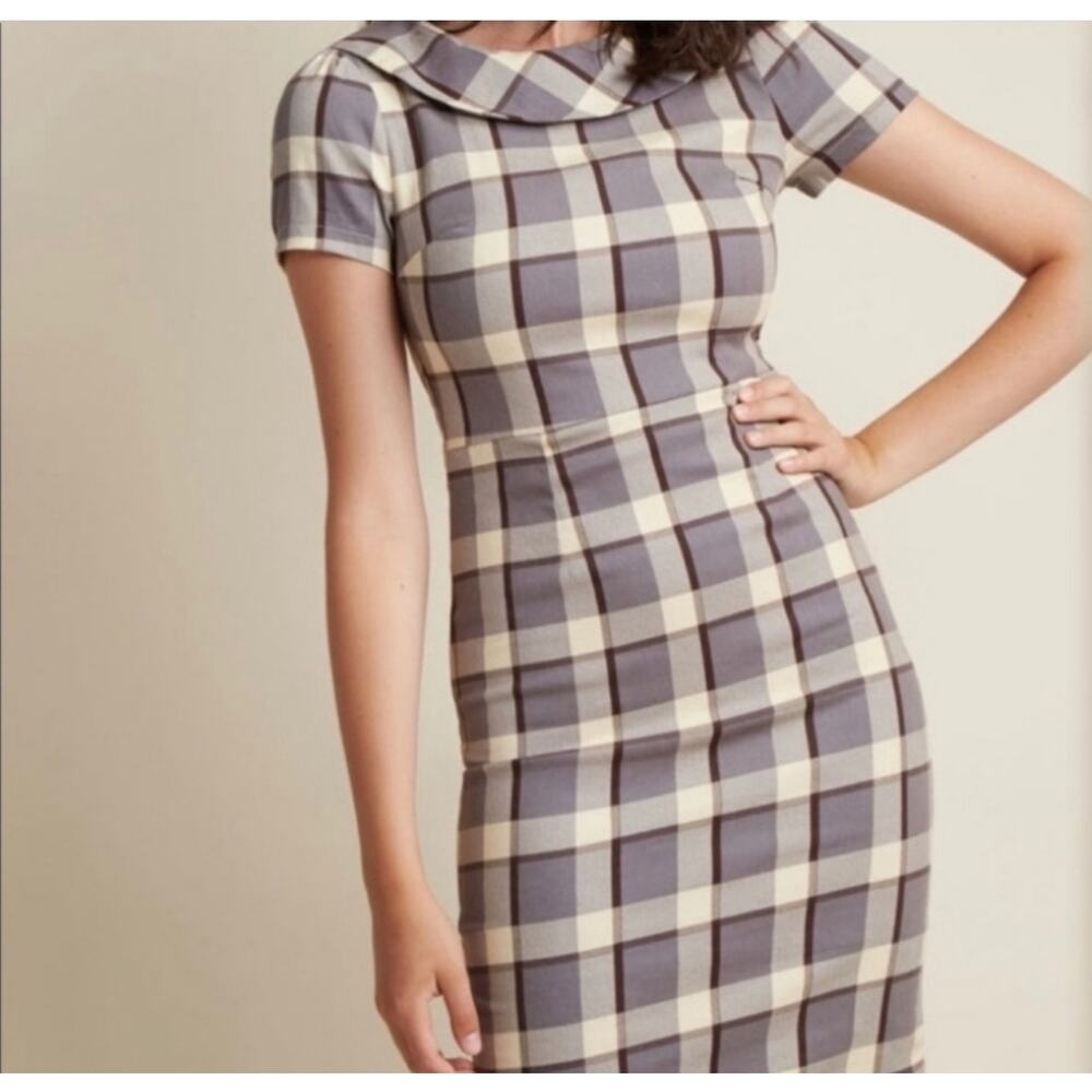 Liza Luxe Dress Womens XXL Tan Gray Plaid Academia‎ Retro Business Career Twee